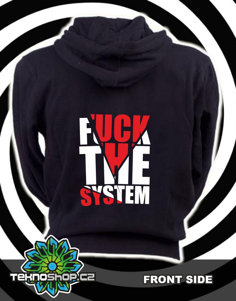 TEKNOSHOP Fuck The System tekno mikina na zip s kapucí s potiskem i zepředu L černá