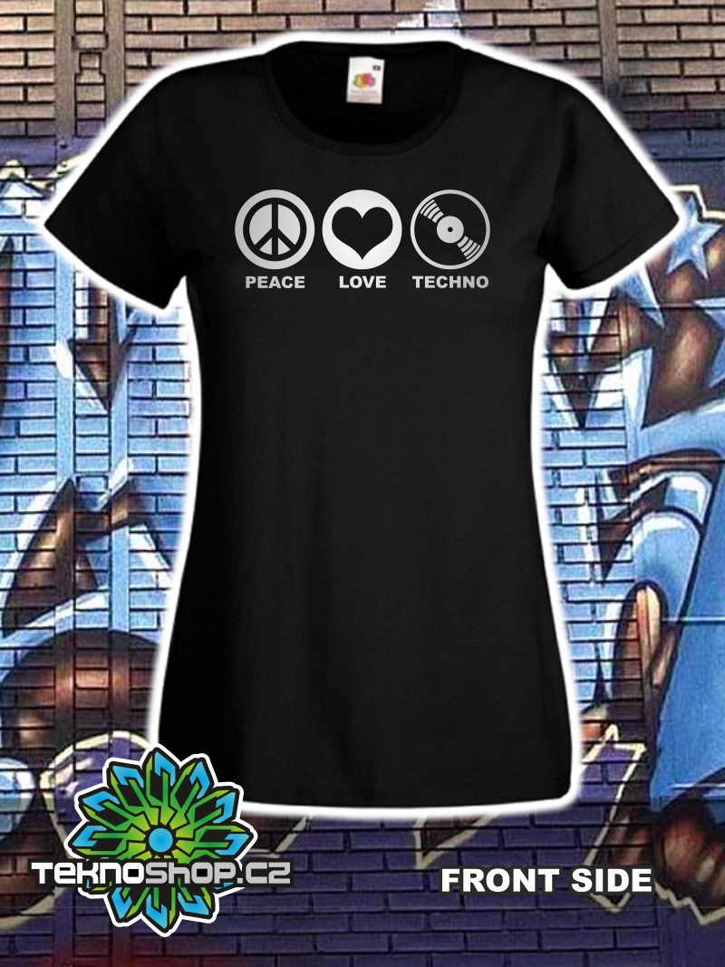 TEKNOSHOP PEACE LOVE TECHNO tekno tričko s potiskem dámské M černé